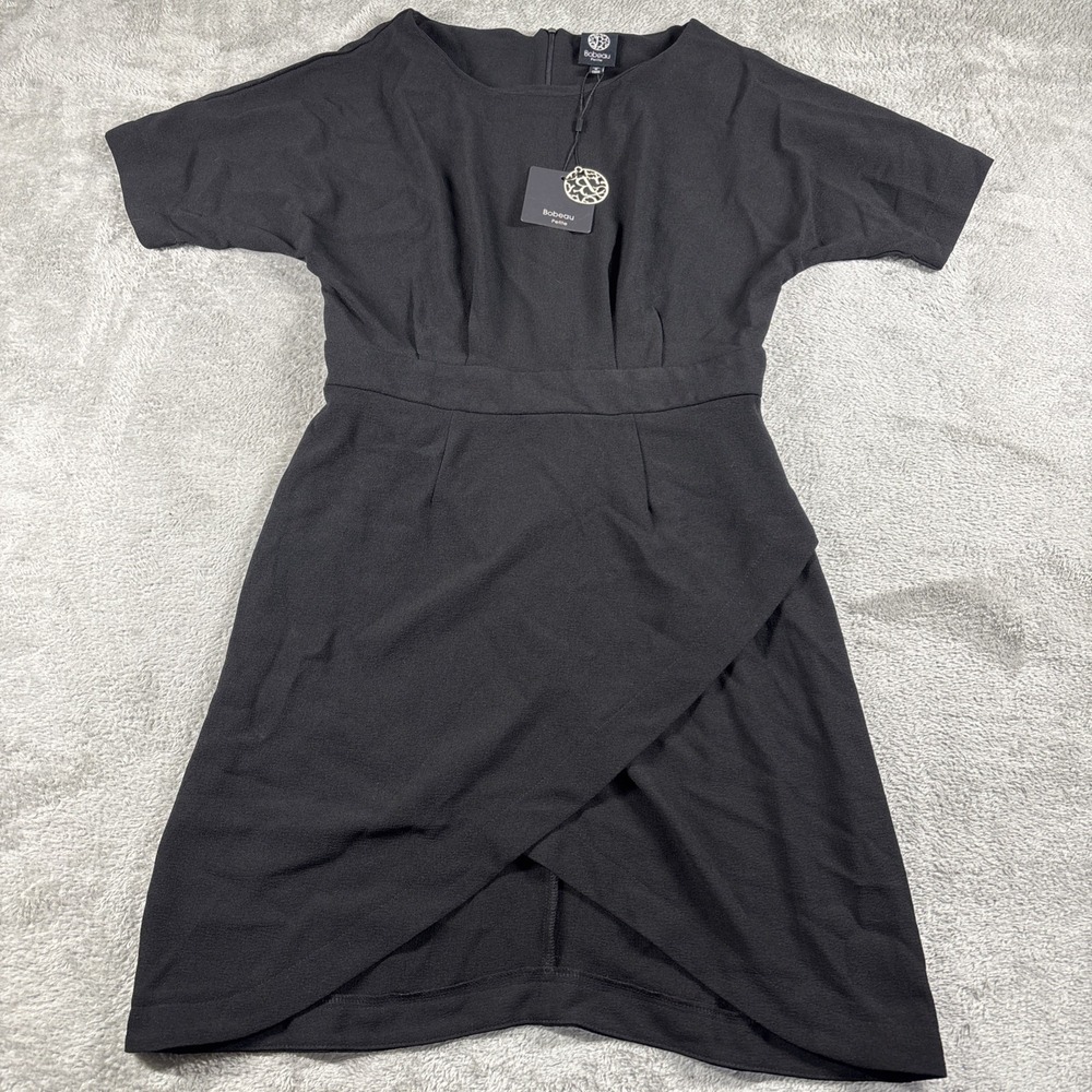 Bobeau Petite Women's Faux Wrap Dress Tulip Hem Short Sleeves Black Size MP New